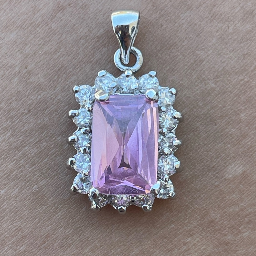 Silver pink stone with diamond accents pendant